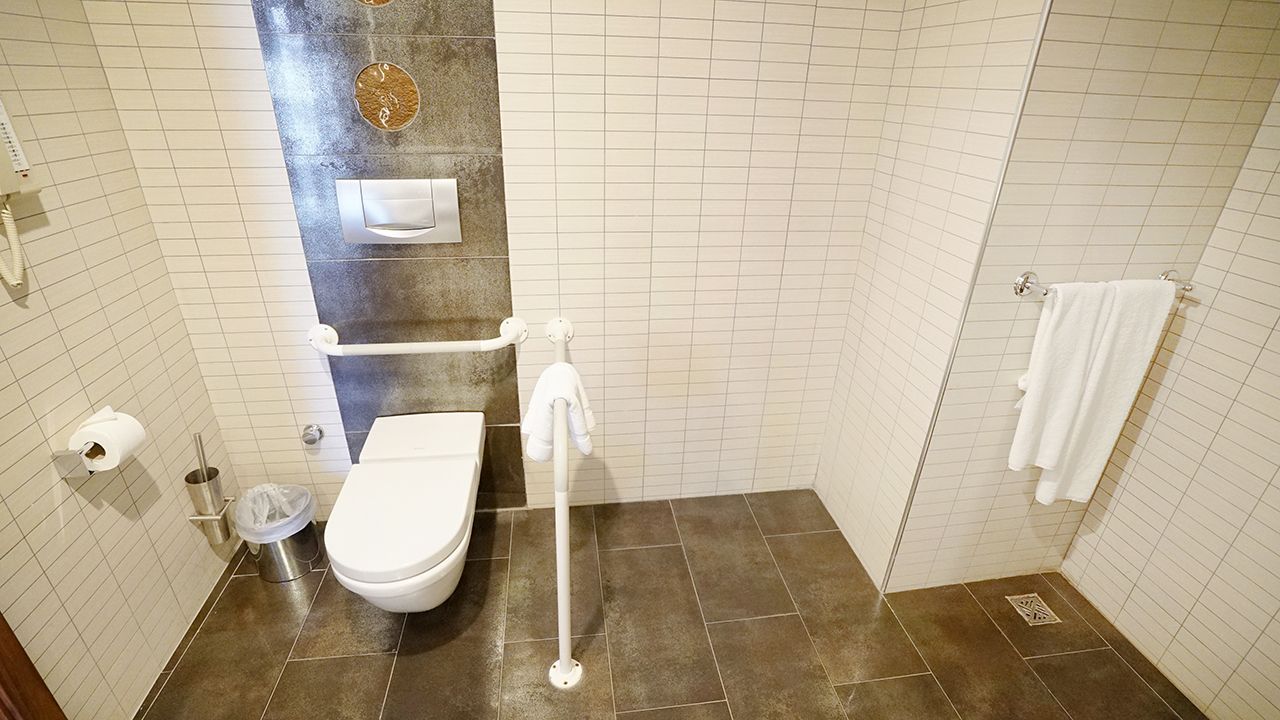 Accessible bathroom with a modern toilet, grab bars, and a towel rack.