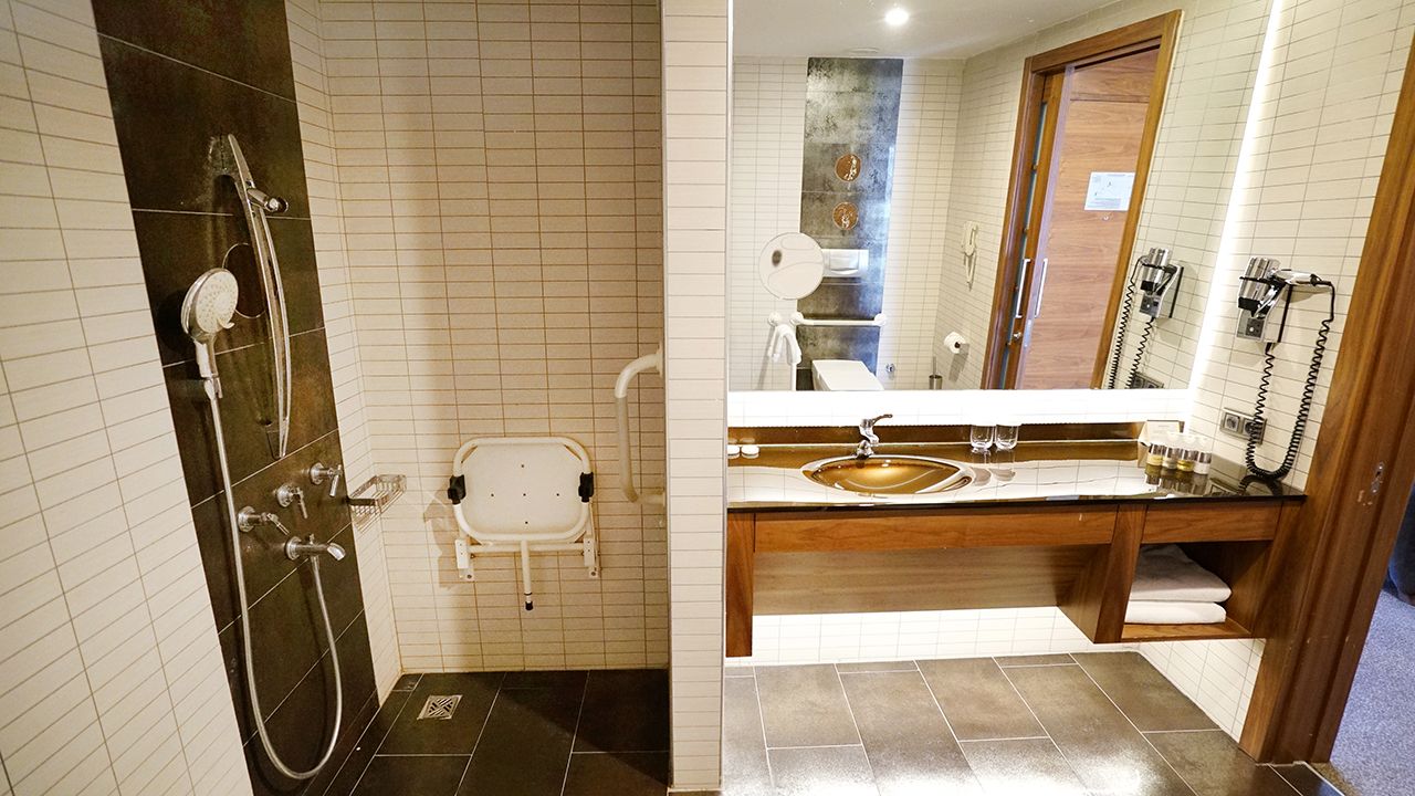 Accessible hotel bathroom with a roll-in shower, a fold-down seat, and grab bars.