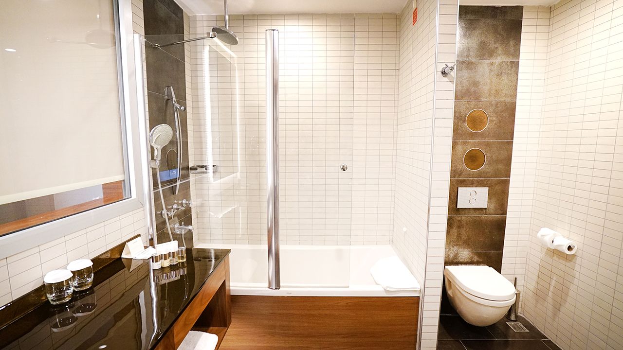 Modern bathroom with a glass-enclosed shower, bathtub, toilet, and vanity.