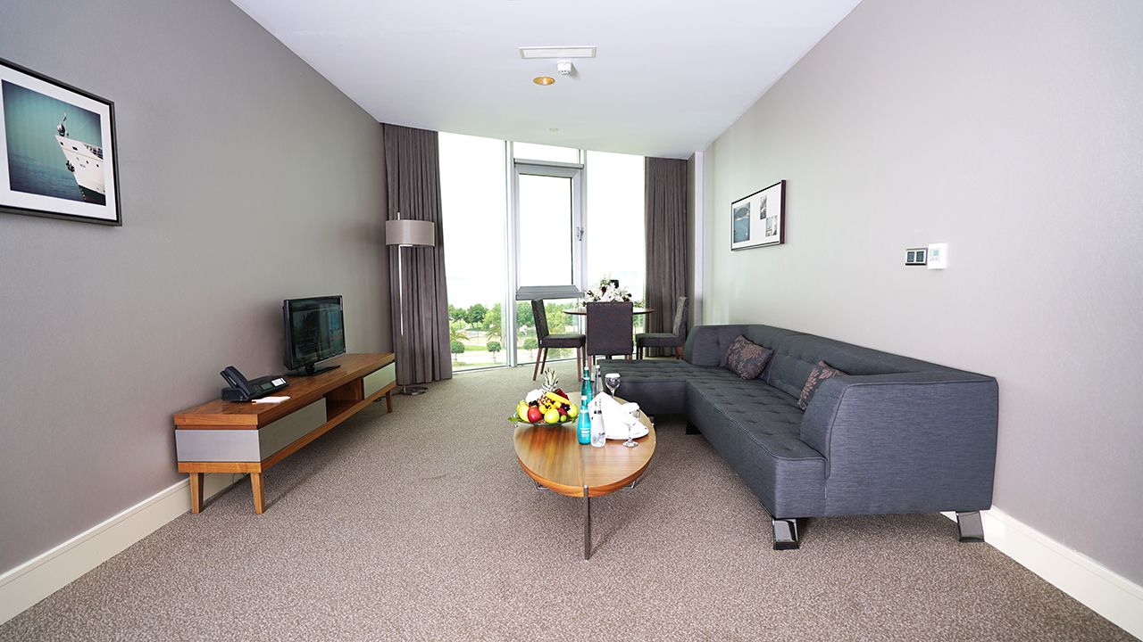 A modern living room features a gray sofa, coffee table with flowers, TV console, and large window with a view.