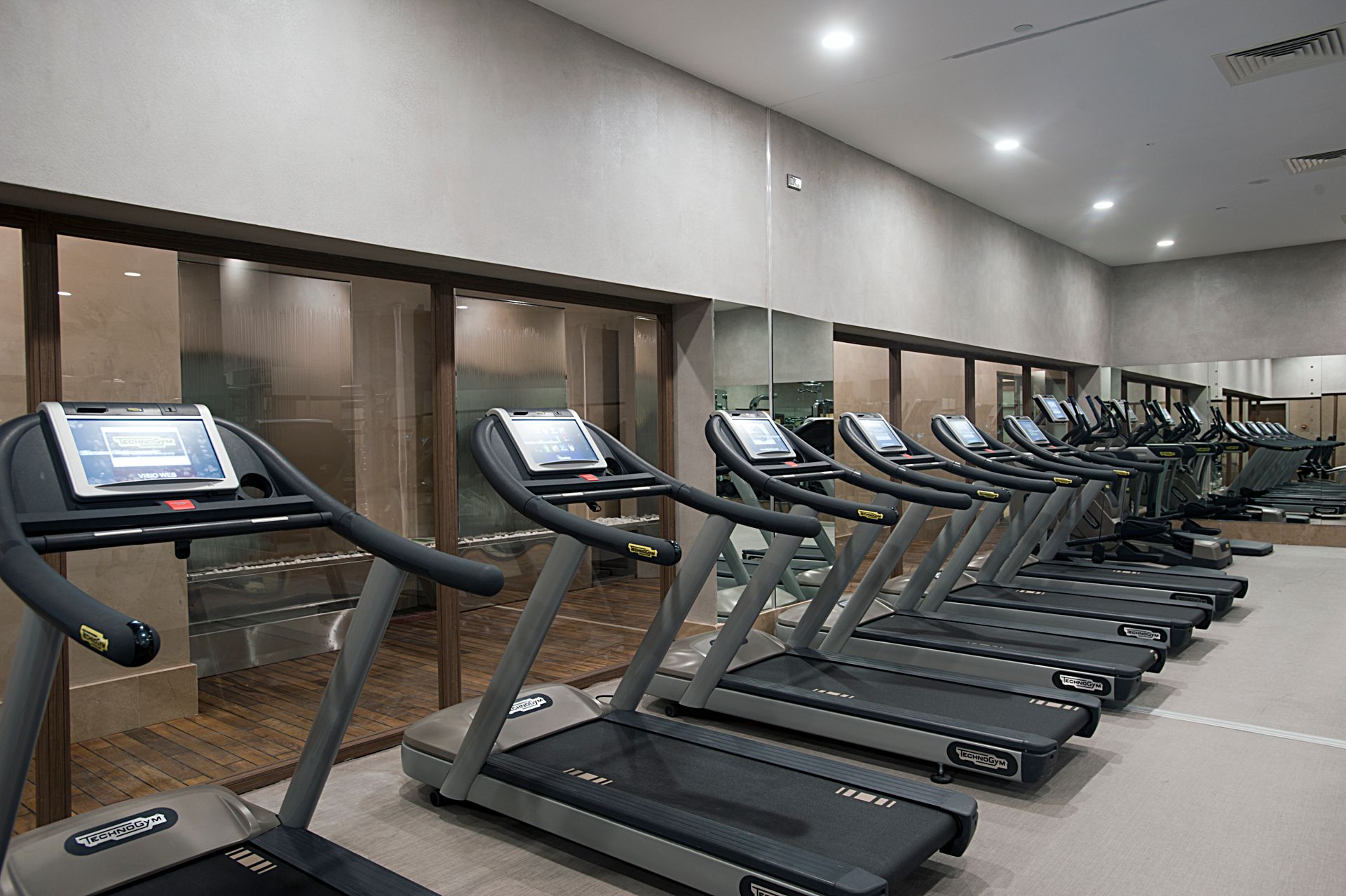 A row of modern treadmills in a brightly lit gym with mirrors.