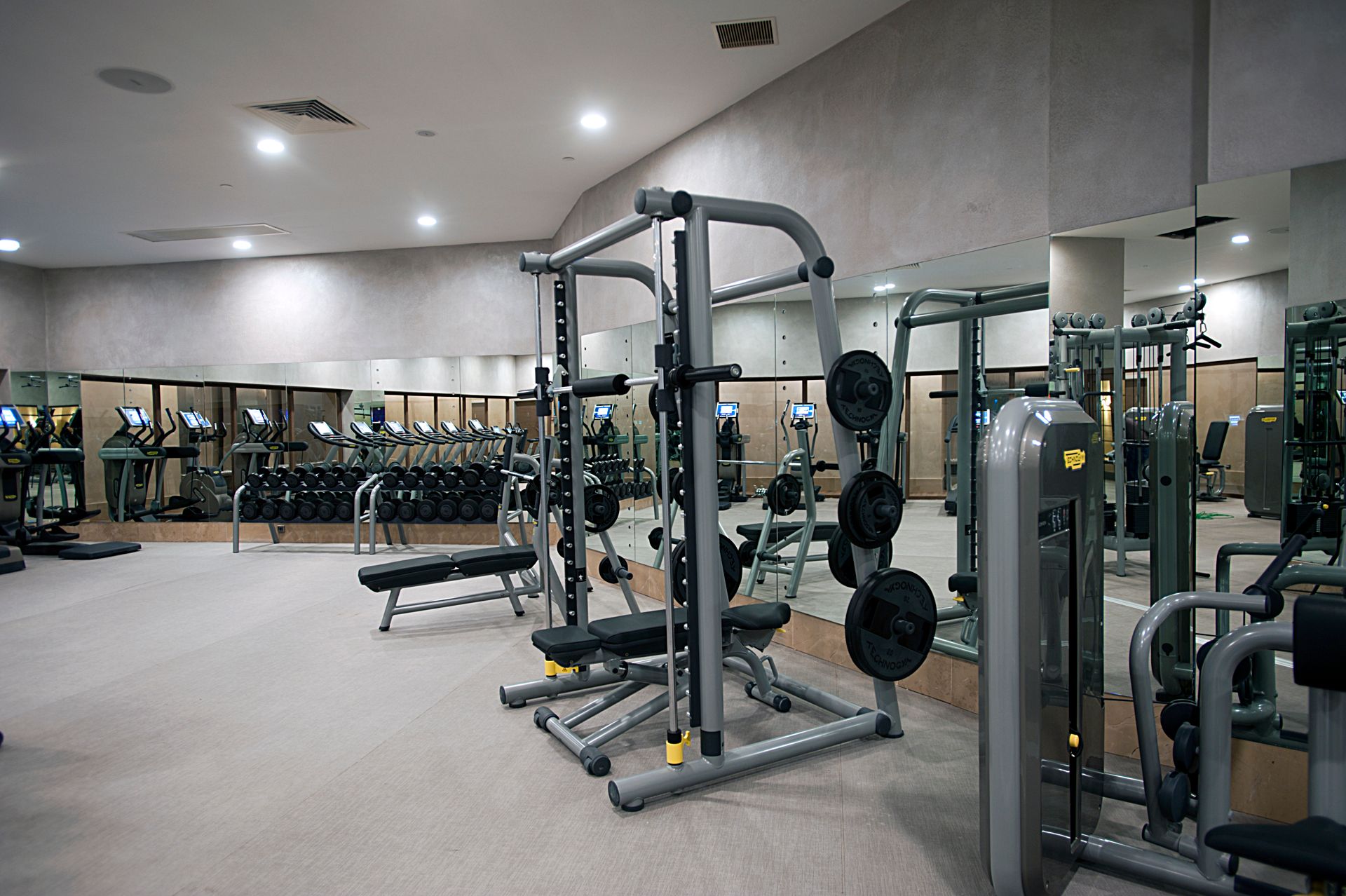 Gym interior with weight racks, barbells, benches, and cardio machines.