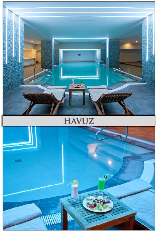 Indoor swimming pool with modern lighting and lounge chairs.