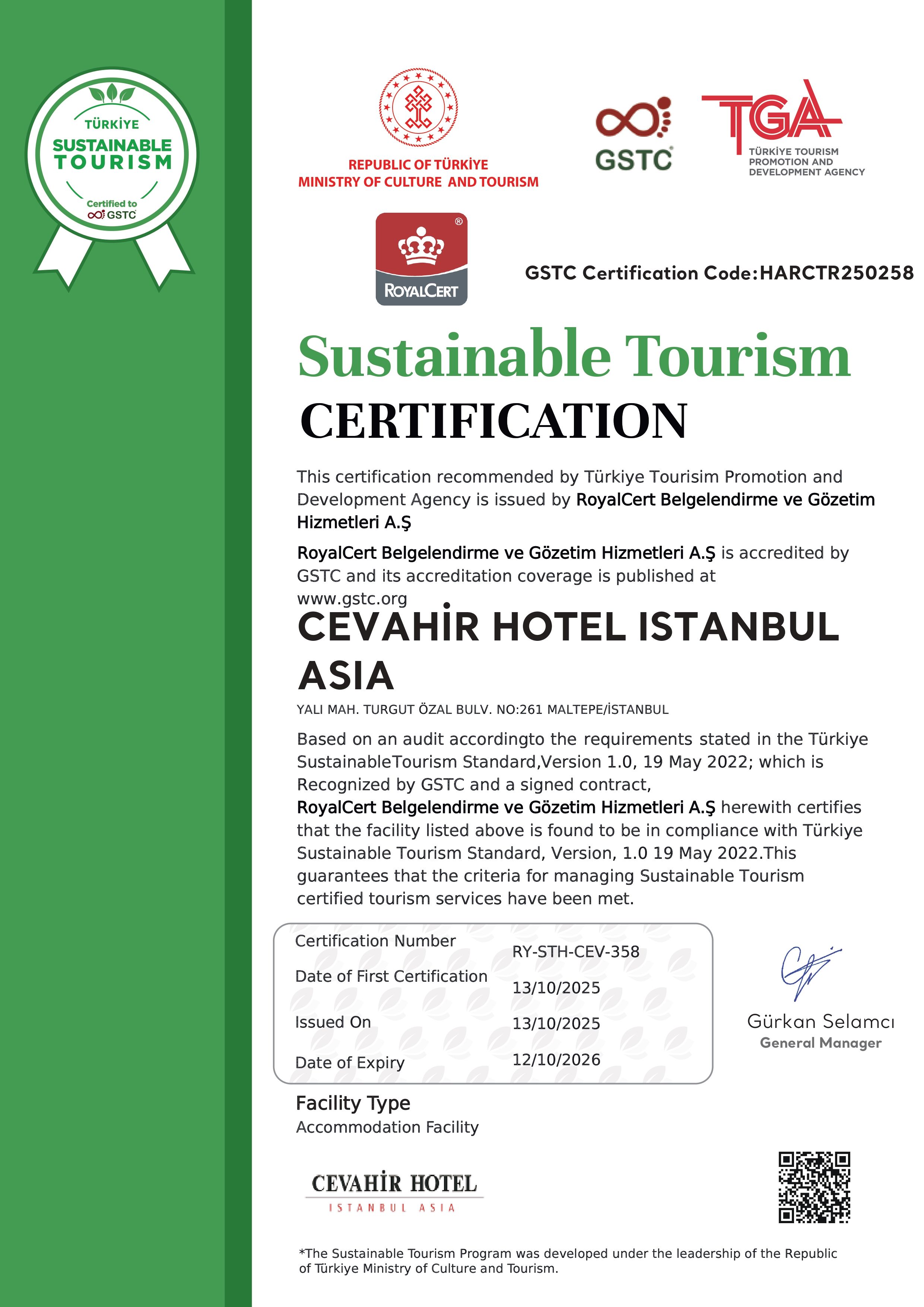 Certificate for Cevahir Hotel Istanbul Asia's Sustainable Tourism Certification.