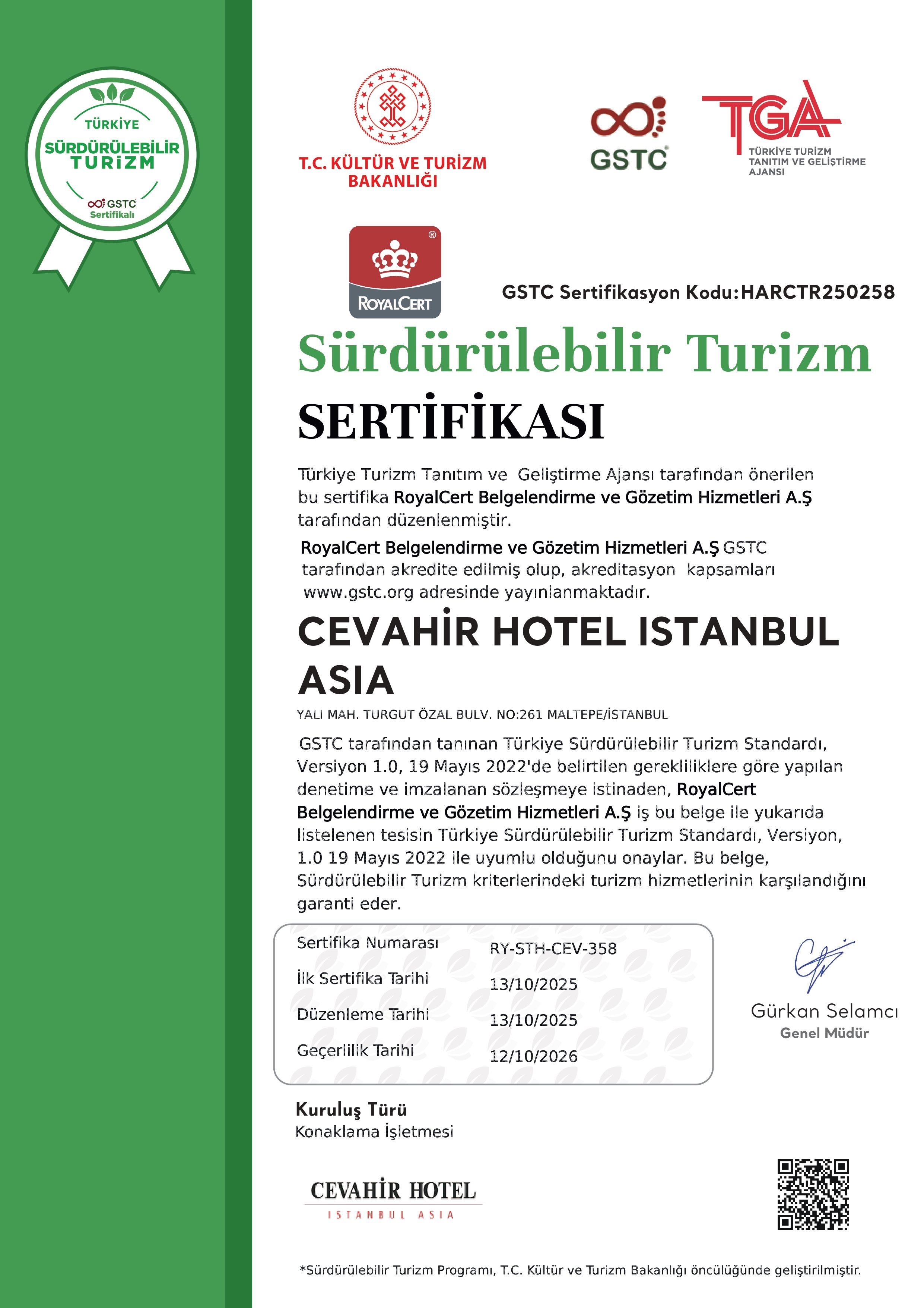 Sürdürülebilirlik Turizm Sertifikası (Sustainability Tourism Certificate) for Cevahir Hotel Istanbul Asia.